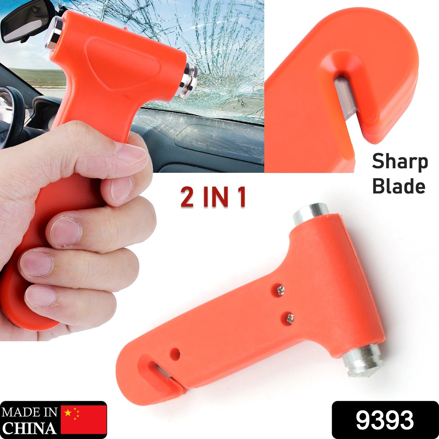 Wukusy automotive safety hammer with car window breaker and seatbelt cutter for emergency rescue. Handy rescue tool in black plastic.