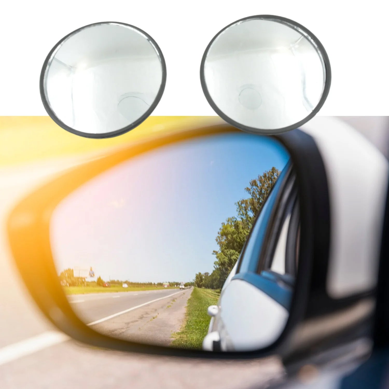 Set of two Wukusy automotive round blind spot side mirrors with HD convex glass for all cars, frameless design, rear view accessories.