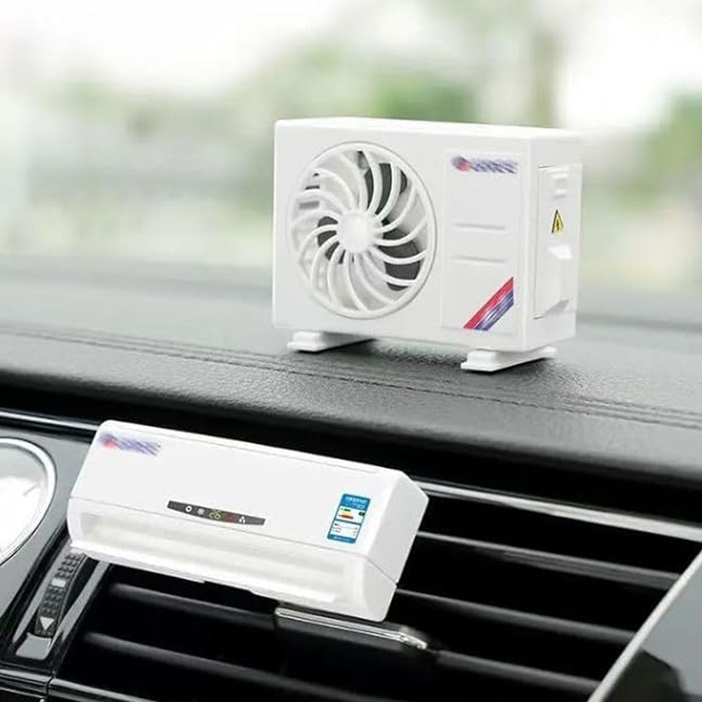 Wukusy solar-powered car air freshener with built-in perfume diffuser for dashboard and AC vent, in a sleek automotive design.