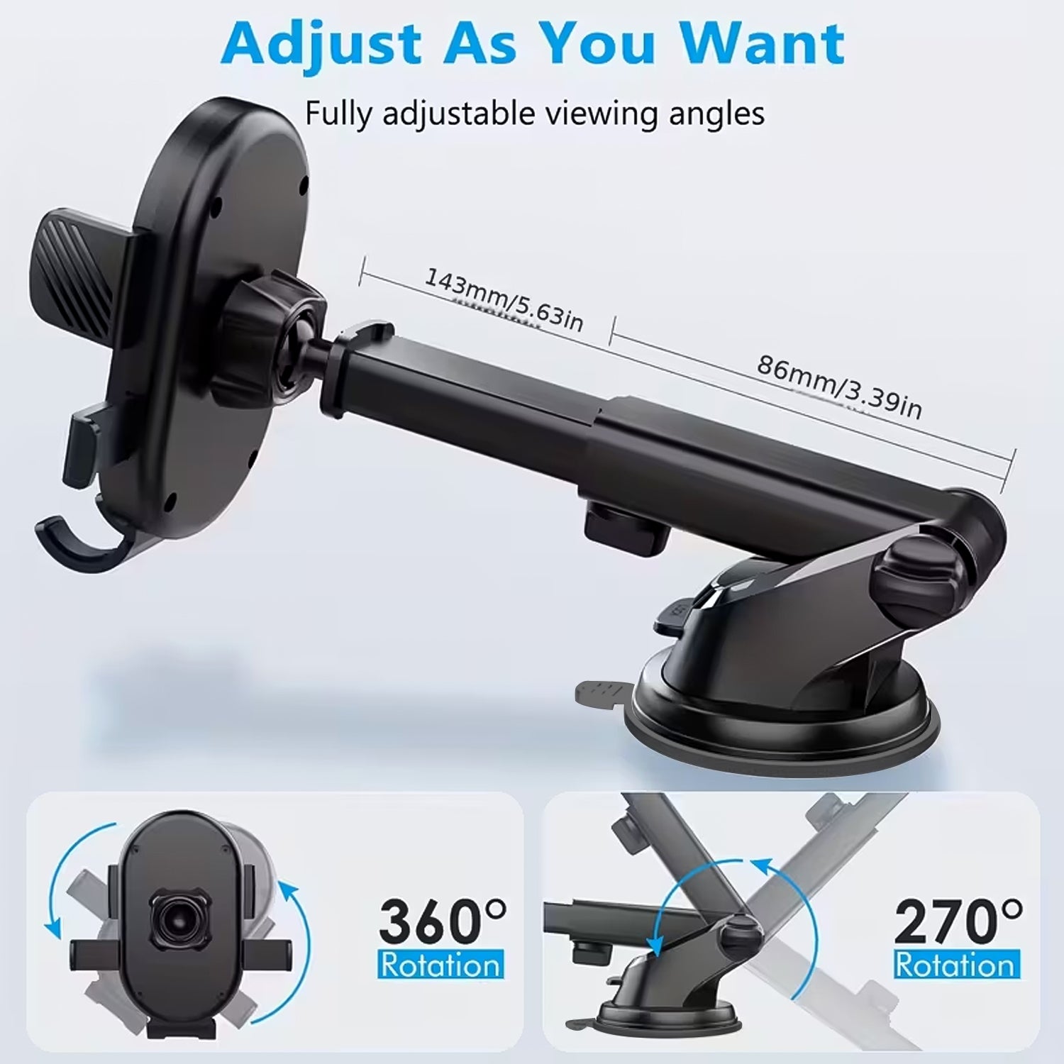 Wukusy adjustable car mobile holder mounted on vehicle dashboard holding a smartphone securely.