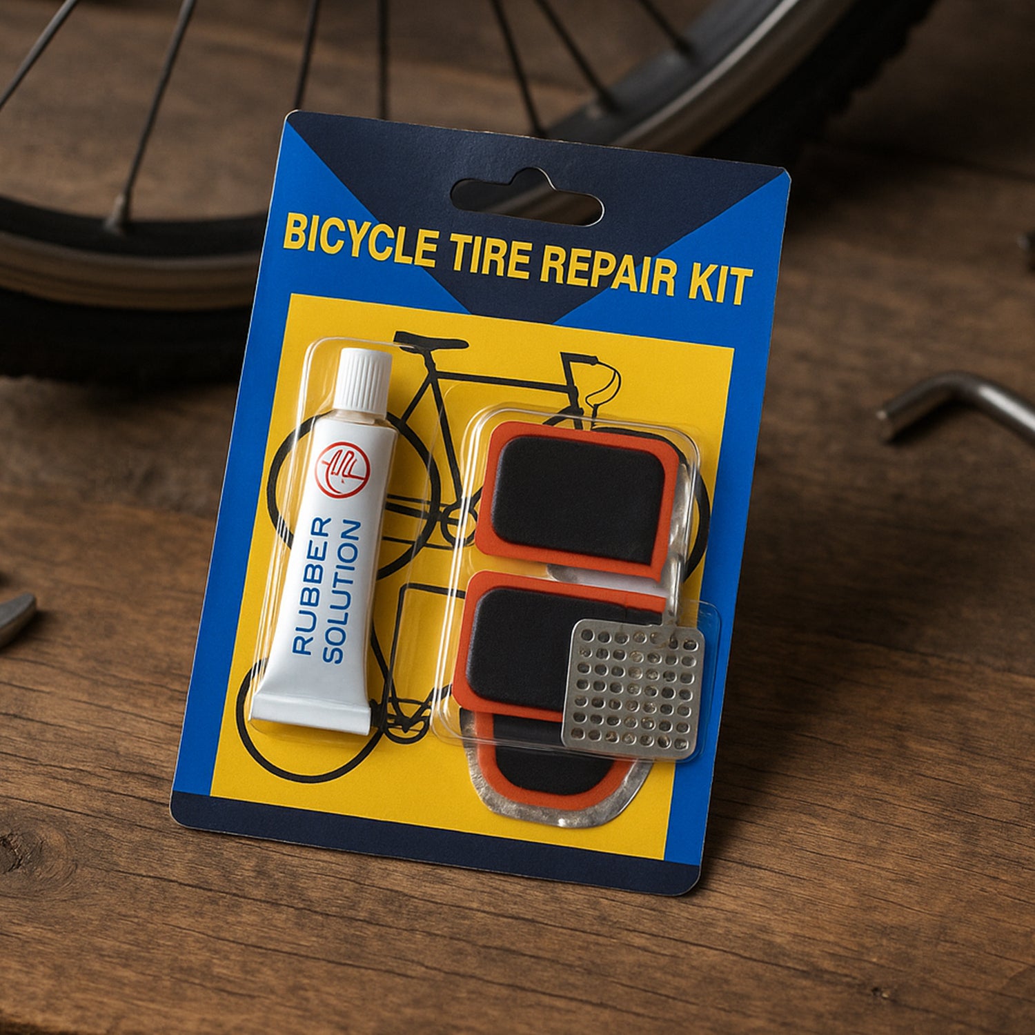 Wukusy bicycle tire repair kit with adhesive, portable tools for puncture repair, automotive bicycle maintenance.