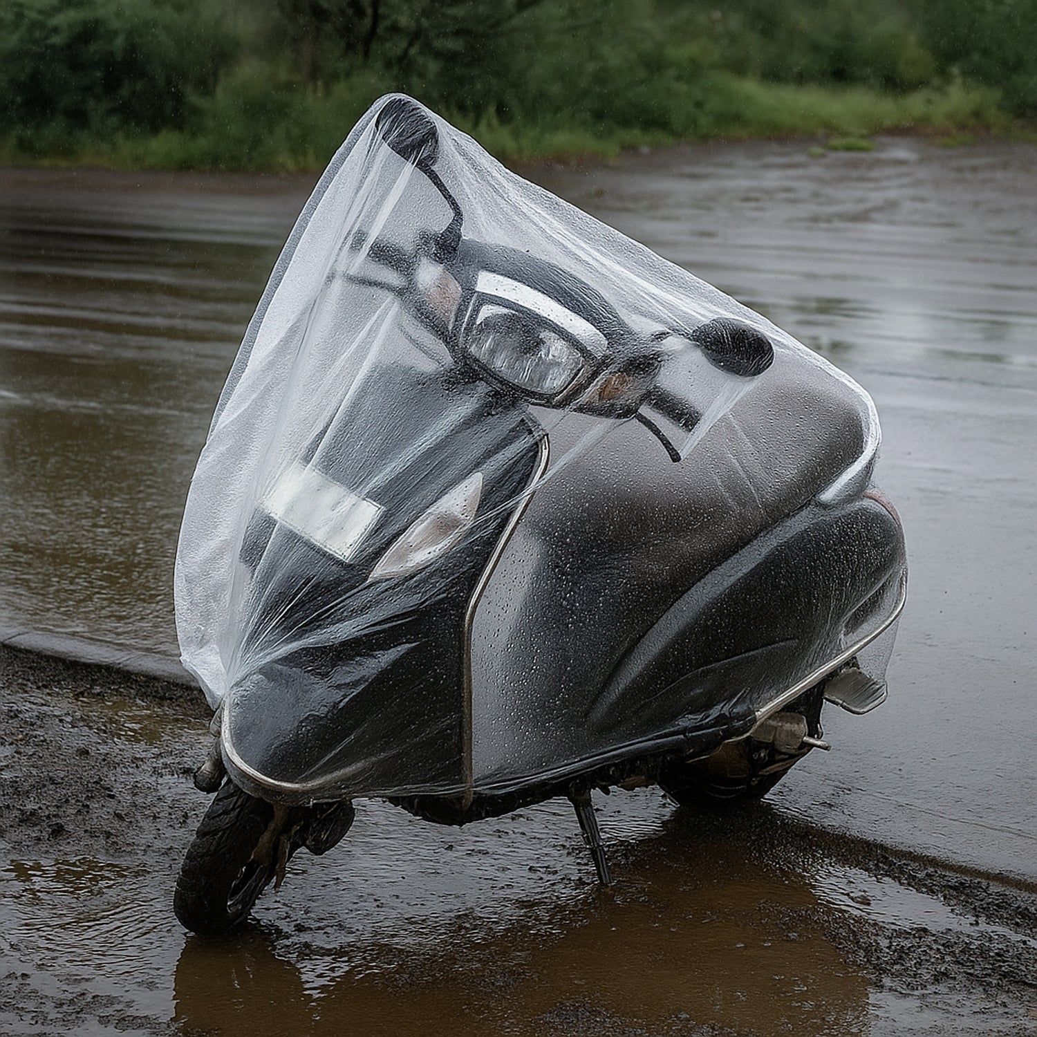 Big disposable plastic Activa cover by Wukusy for automotive use, shown in a clear, protective plastic cover for scooters.
