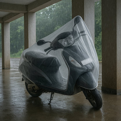 Big disposable plastic Activa cover for motorcycles, designed by Wukusy, shown in a clear image for vehicle protection.