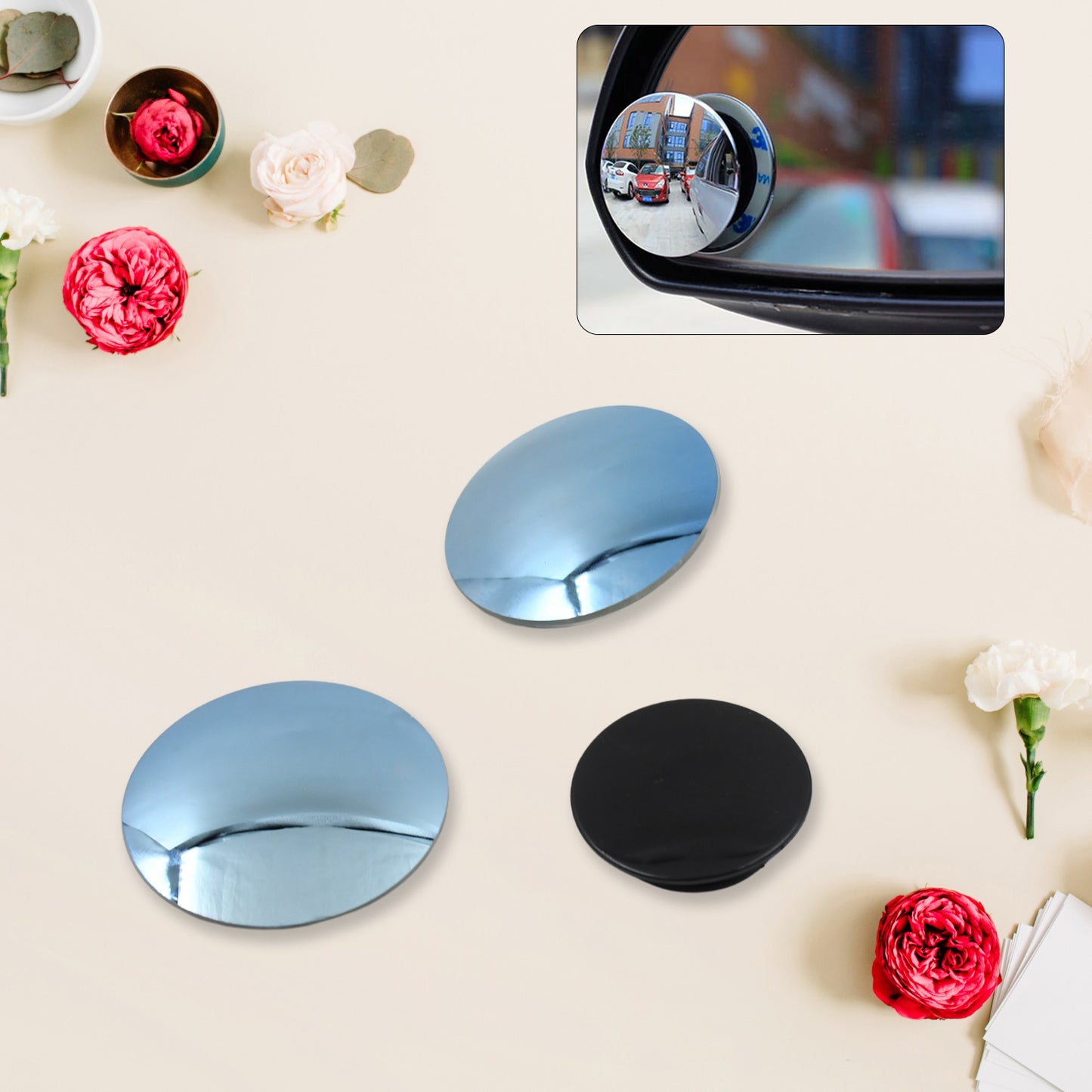 Wukusy automotive round HD glass blind spot side mirrors, 2-pack, designed for improved visibility and safety while driving.