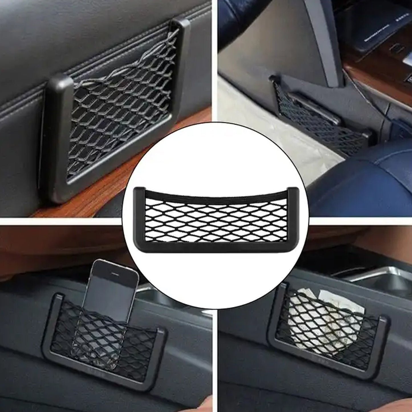 Wukusy automotive mesh pocket organizer, car seat side storage net bag for purse, bag, and phone, stick-on car storage solution