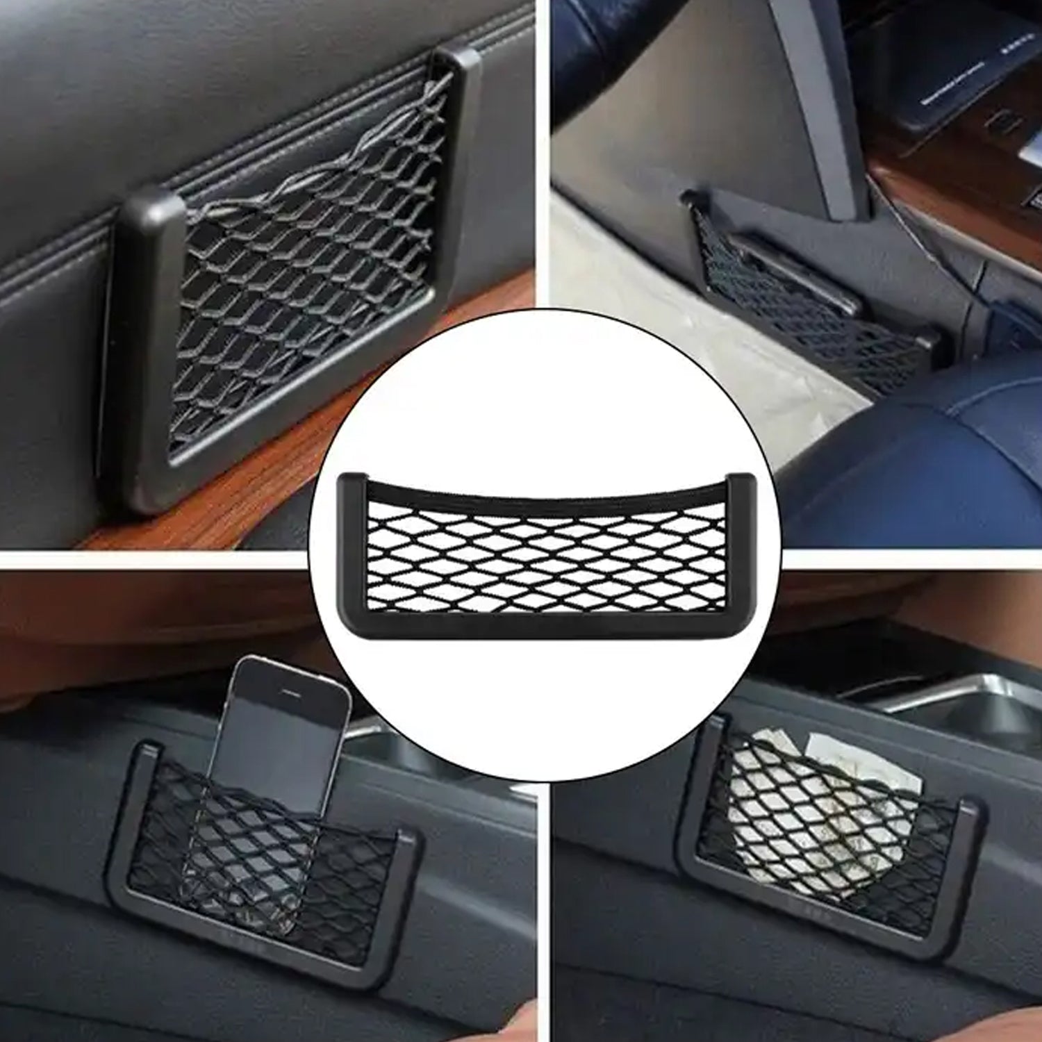 Wukusy automotive mesh pocket organizer, car seat side storage net bag for purse, bag, and phone, stick-on car storage solution