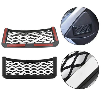Wukusy automotive car seat side storage net bag with mesh pocket for purse, phone, and small items, stick-on car organizer.