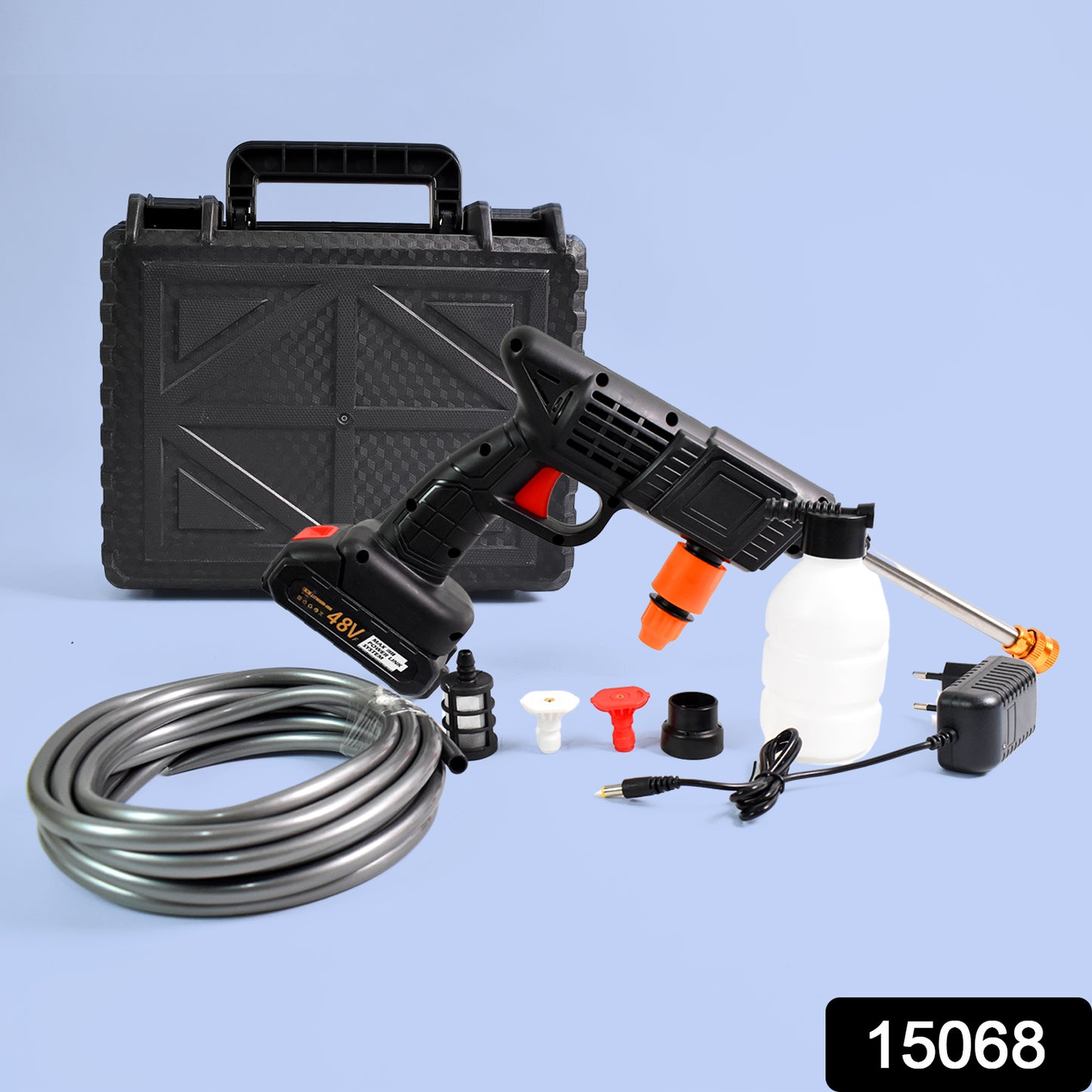 Wireless Wukusy 48V high-pressure water spray gun for cars, with small box and adaptor, ideal for automotive cleaning.