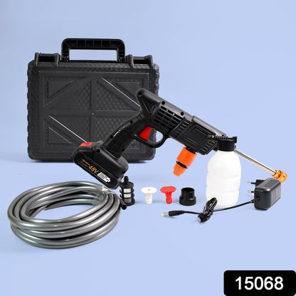 Wireless Wukusy 48V high-pressure water spray gun for cars, with small box and adaptor, ideal for automotive cleaning.