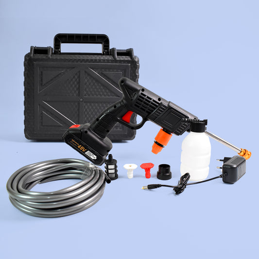 Wireless Wukusy 48V high-pressure car washer gun with water spray, small box, and adaptor for automotive cleaning.
