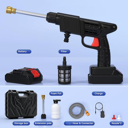 Wireless Wukusy 48V automotive car washer gun with high-pressure spray, small box, and adaptor for efficient vehicle cleaning.