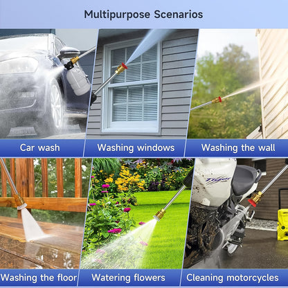 Wireless high-pressure car washer gun by Wukusy with water spray, small box, and adaptor, perfect for automotive cleaning.