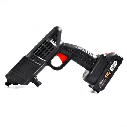 Wireless Wukusy 48V car washer gun with high-pressure water spray, small box, and adaptor for automotive cleaning.