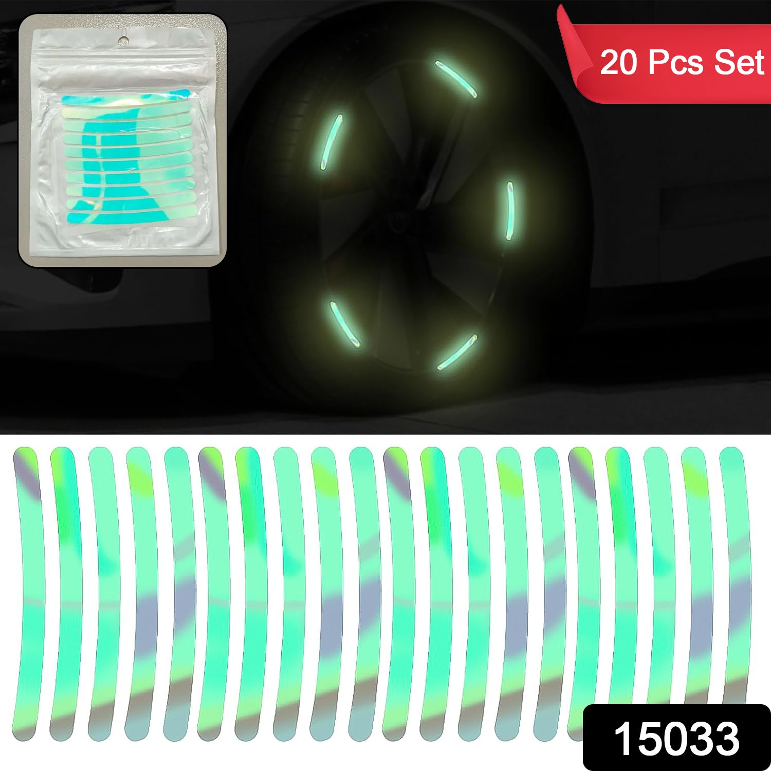 Set of 20 multicolored Wukusy automotive reflective wheel hub stickers for night warning and vehicle visibility.