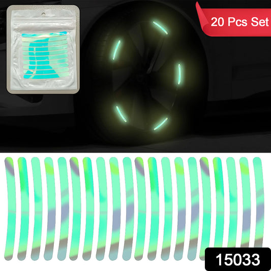 Set of 20 multicolored Wukusy automotive reflective wheel hub stickers for night warning and vehicle visibility.