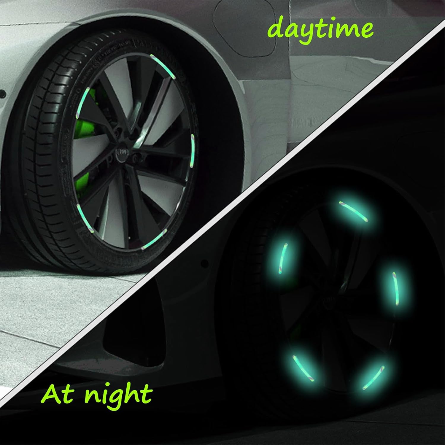 Set of 20 multicolored Wukusy automotive reflective car wheel hub stickers for night warning and visibility.