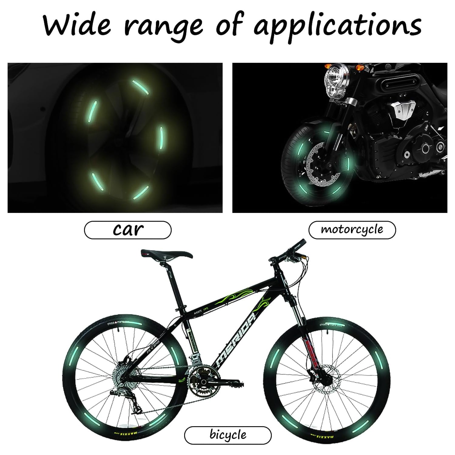 Set of 20 multicolored Wukusy automotive reflective car wheel hub stickers for night warning and visibility.