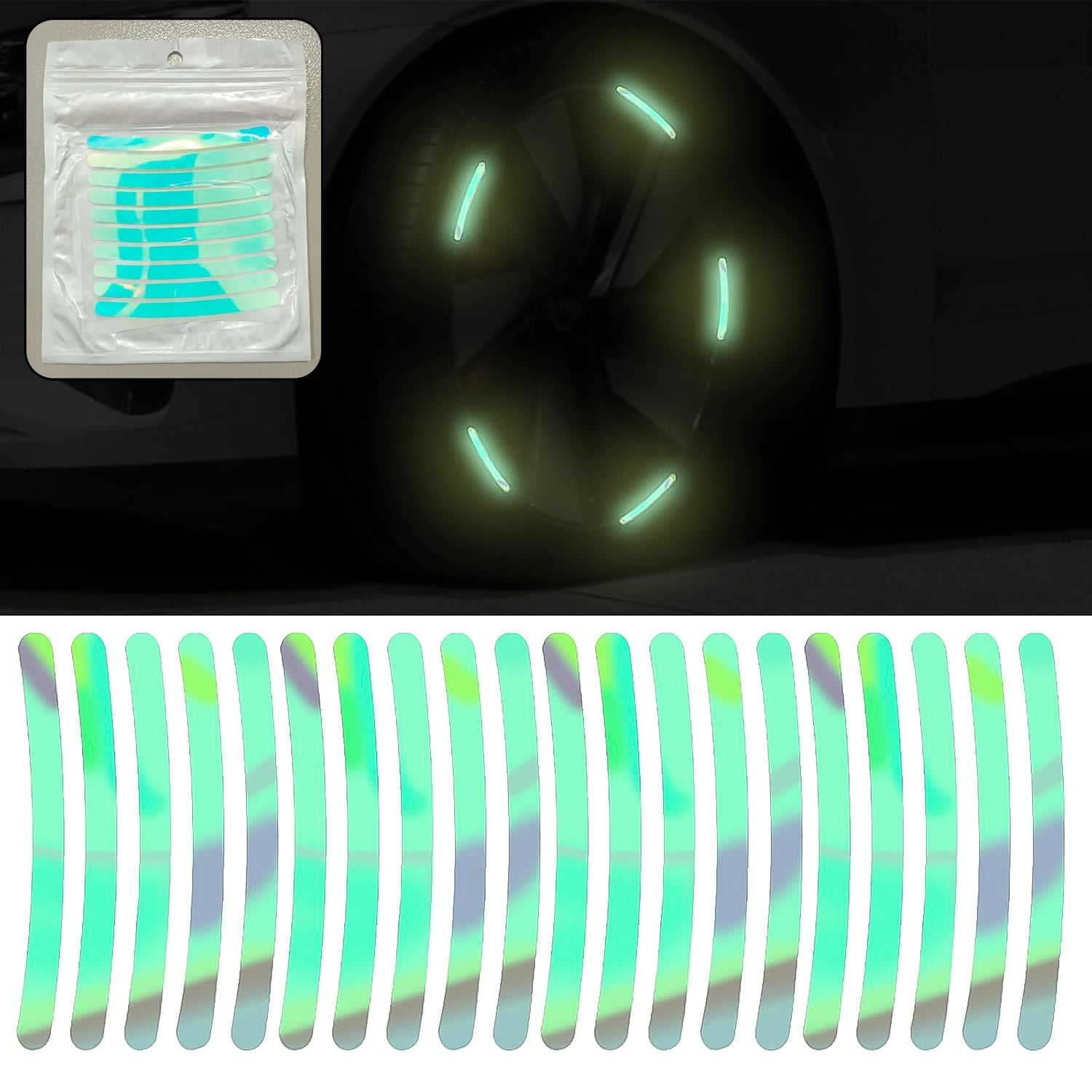 Set of 20 multicolored reflective car wheel hub stickers by Wukusy, designed for night warning and automotive safety.