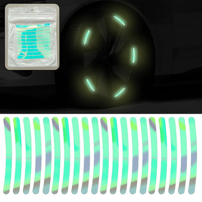 Set of 20 multicolored reflective car wheel hub stickers by Wukusy, designed for night warning and automotive safety.
