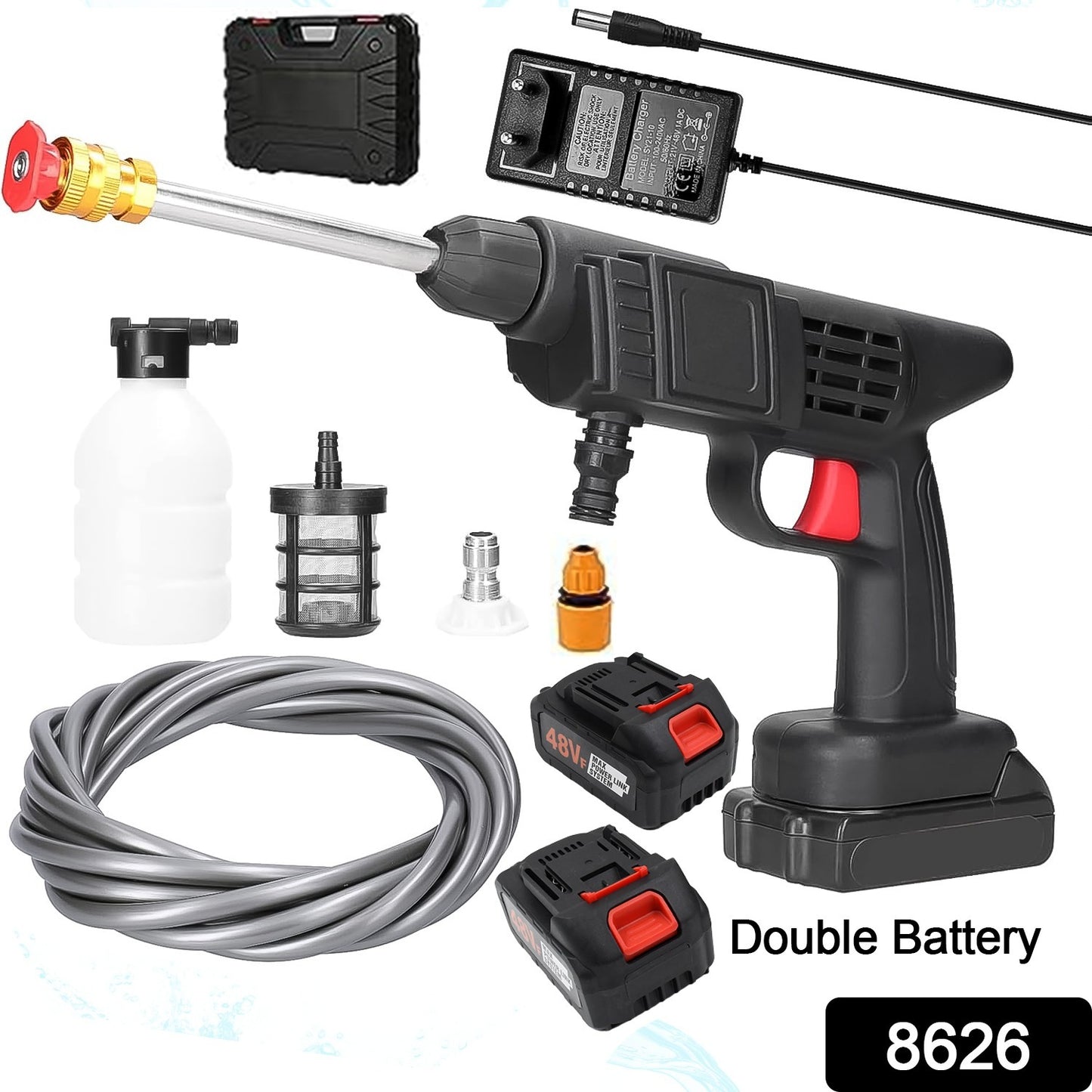 Wukusy 48v rechargeable electric car washer gun with double battery, handheld automotive cleaning tool for vehicle washing.