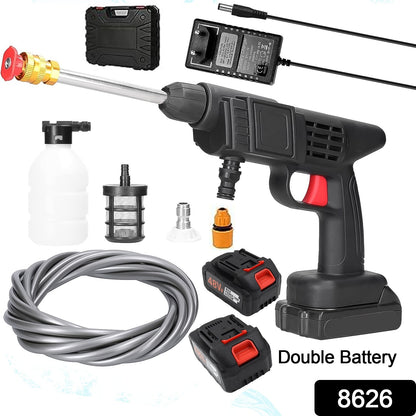 Wukusy 48v rechargeable electric car washer gun with double battery, handheld automotive cleaning tool for vehicle washing.