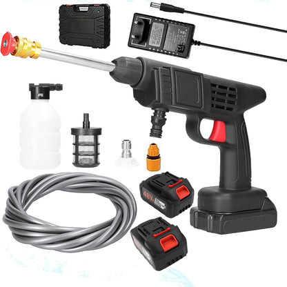 Wukusy 48V rechargeable electric car washer gun with double battery set, compact automotive cleaning tool for vehicle washing.