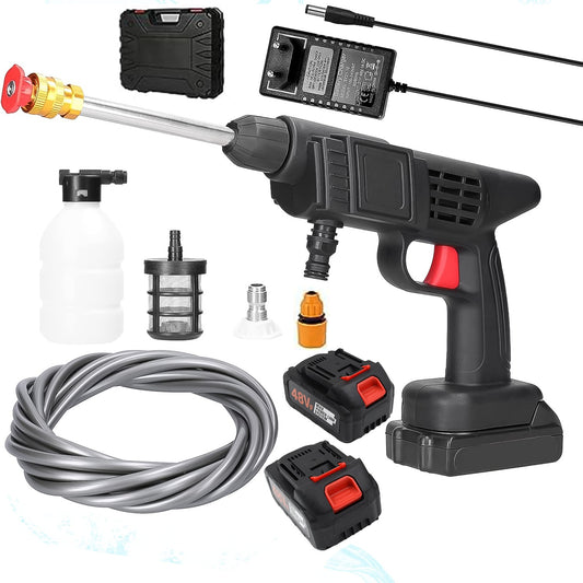 Wukusy 48V rechargeable electric car washer gun with double battery set, compact automotive cleaning tool for vehicle washing.