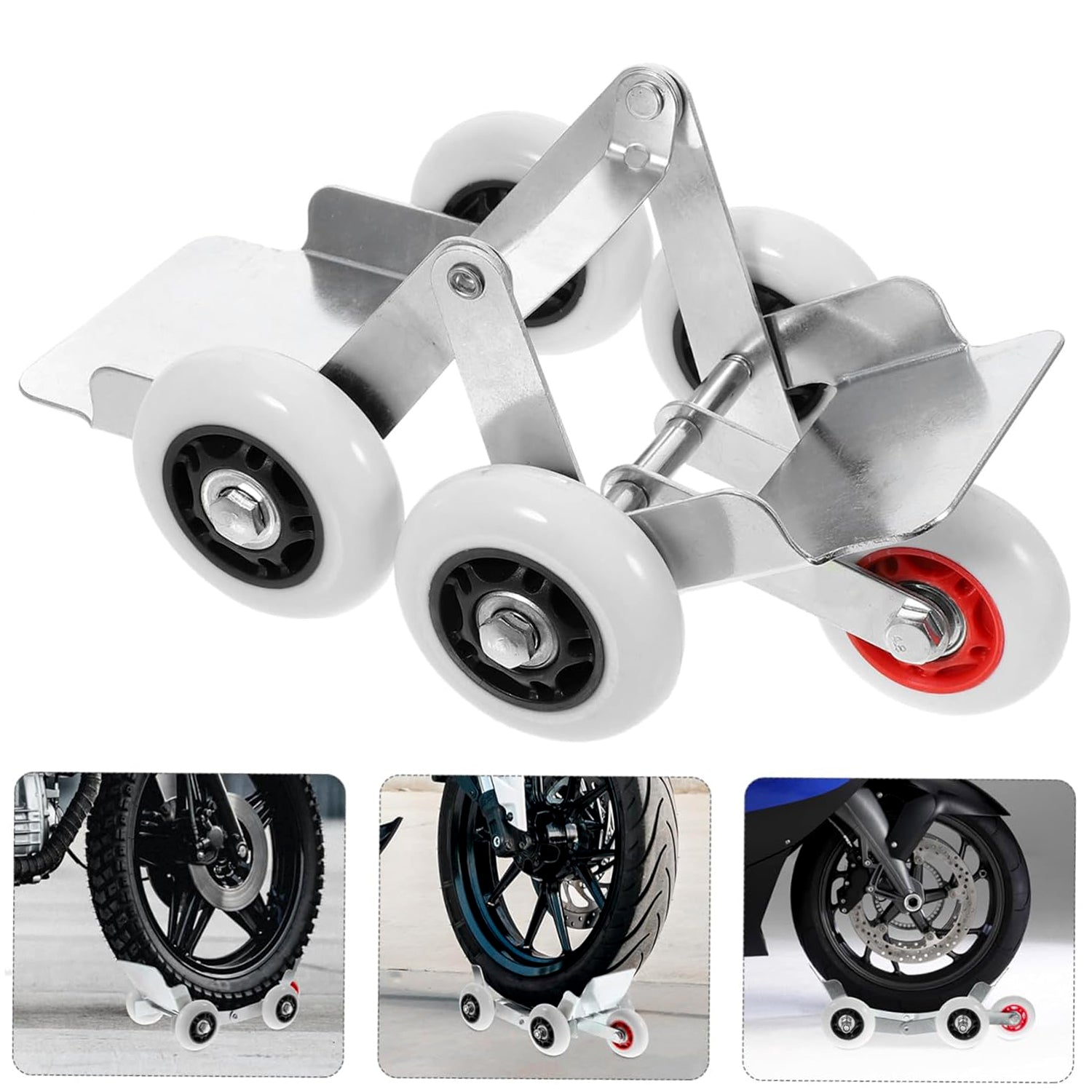 Heavy-duty motorcycle front wheel parking roller stand by Wukusy, designed for secure motorcycle stabilization and maintenance.