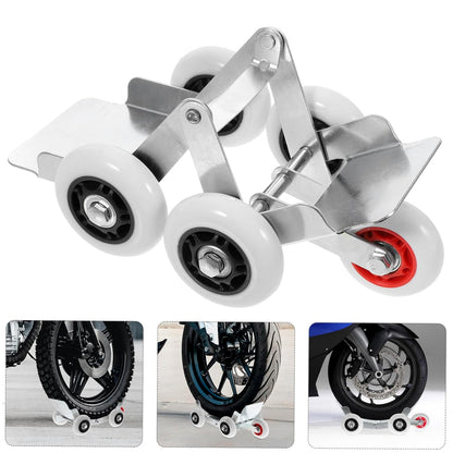Heavy-duty motorcycle front wheel parking roller stand by Wukusy, designed for secure motorcycle stabilization and maintenance.