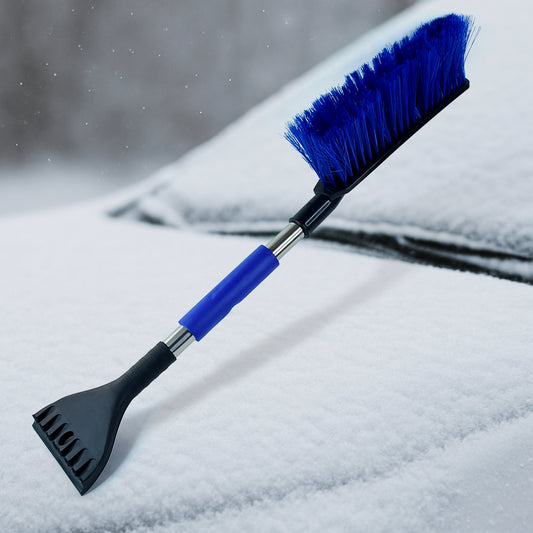 Wukusy 2-in-1 ice scraper and snow brush with comfortable grip, 67 cm long for automotive winter car snow removal.