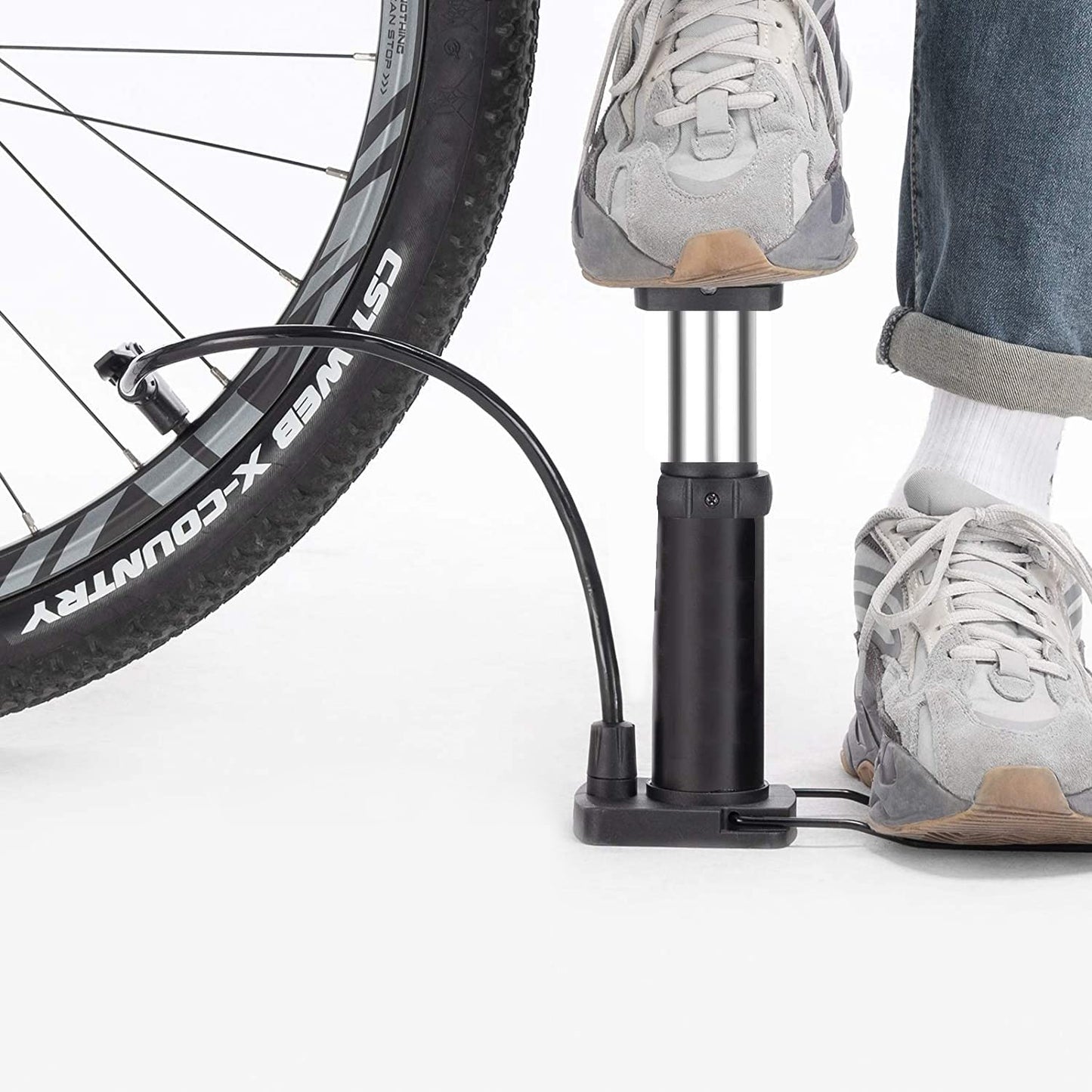Wukusy Mini Foot Pedal Air Pump for automotive use, compact foot-operated air pump in black with foot pedal and nozzle