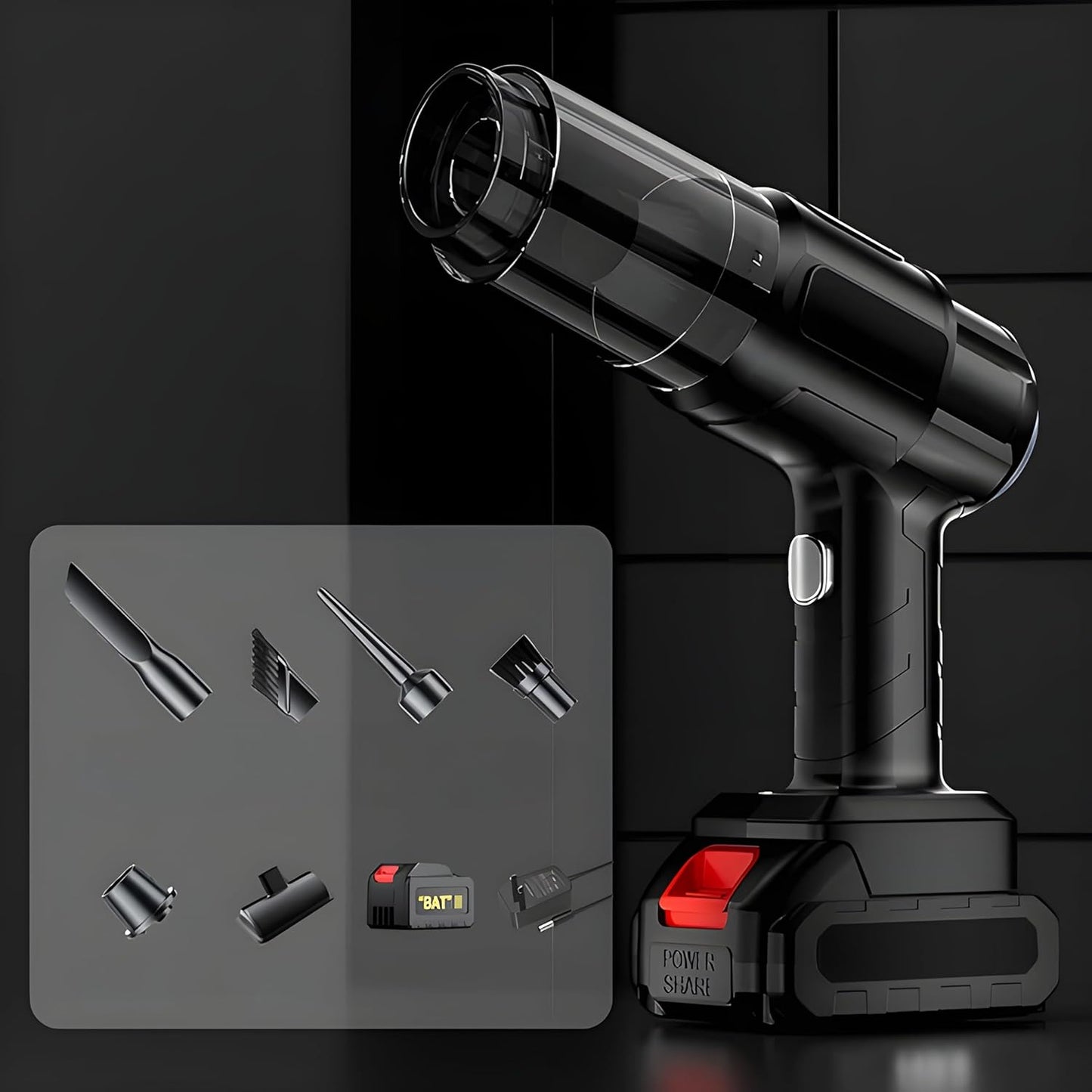 Wukusy automotive wireless handheld vacuum cleaner set with multifunction 240V design, suitable for car interior cleaning.