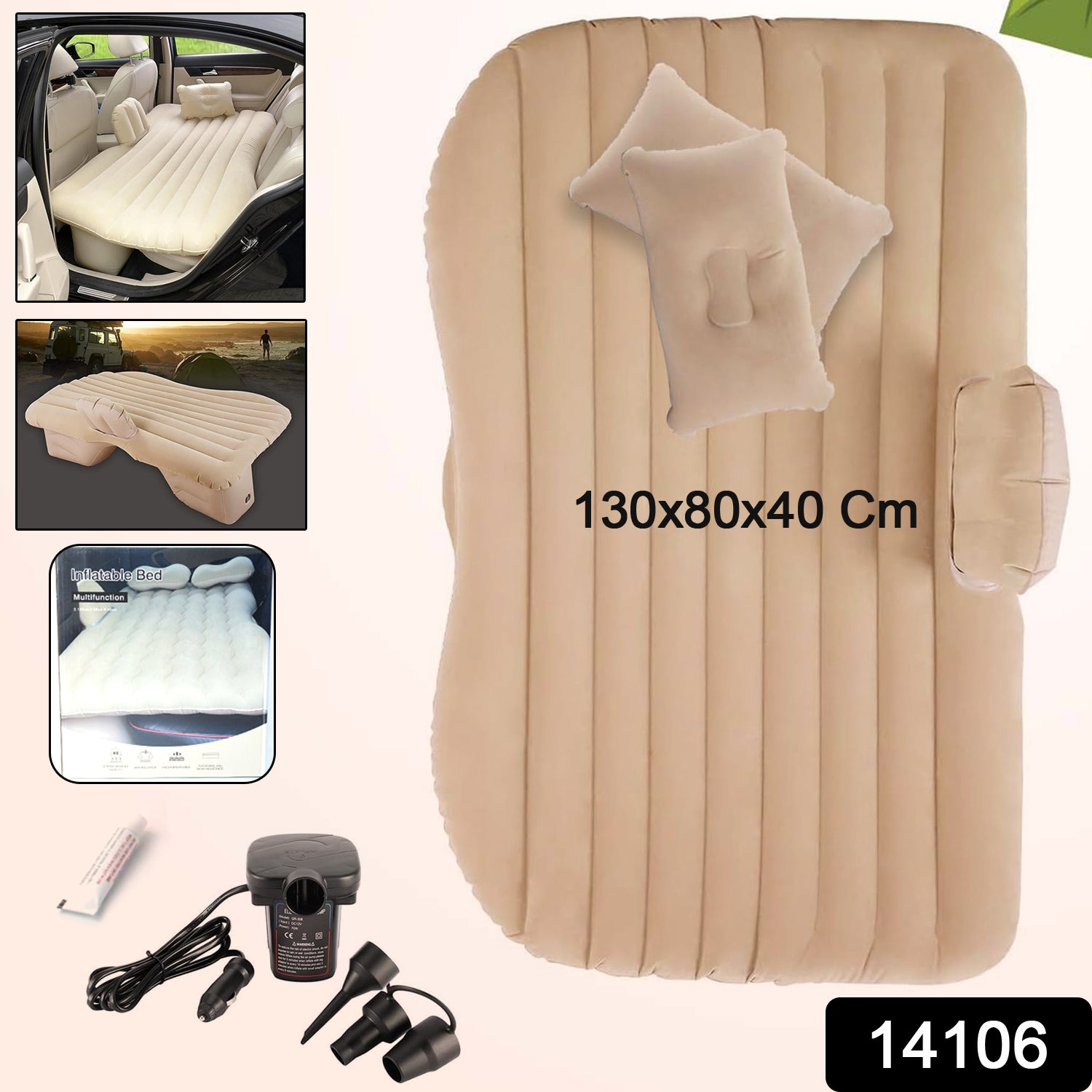 Wukusy portable car backseat inflatable air mattress bed spread out inside a vehicle for comfortable travel rest.