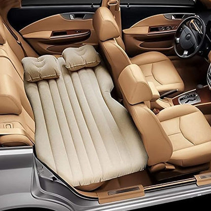 Wukusy portable car backseat inflatable air mattress bed spread out inside a vehicle for comfortable travel rest.