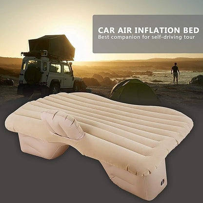 Wukusy portable car backseat inflatable air mattress bed shown inside a vehicle, designed for comfortable travel sleeping.