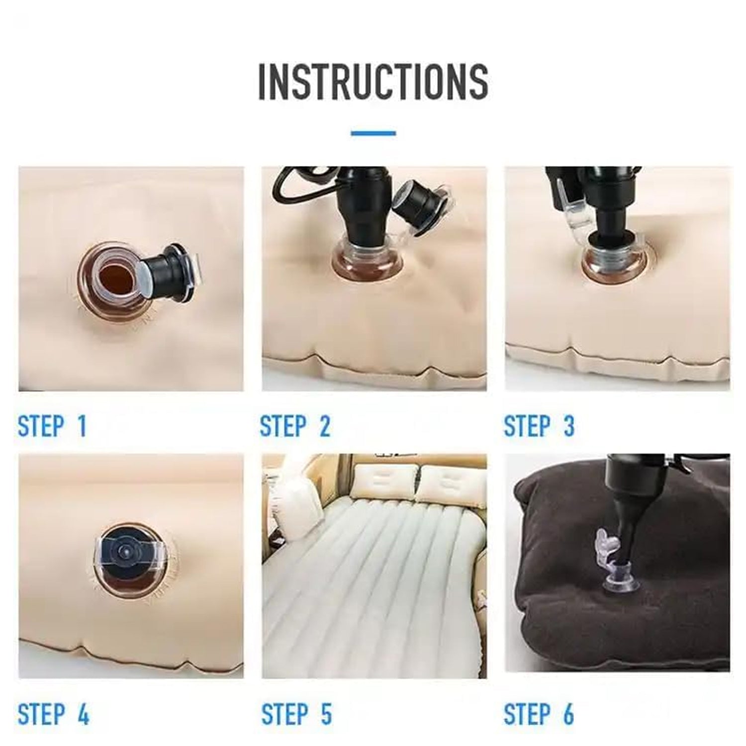 Wukusy portable car backseat inflatable air mattress bed, designed for automotive use, shown inflated in a car interior.