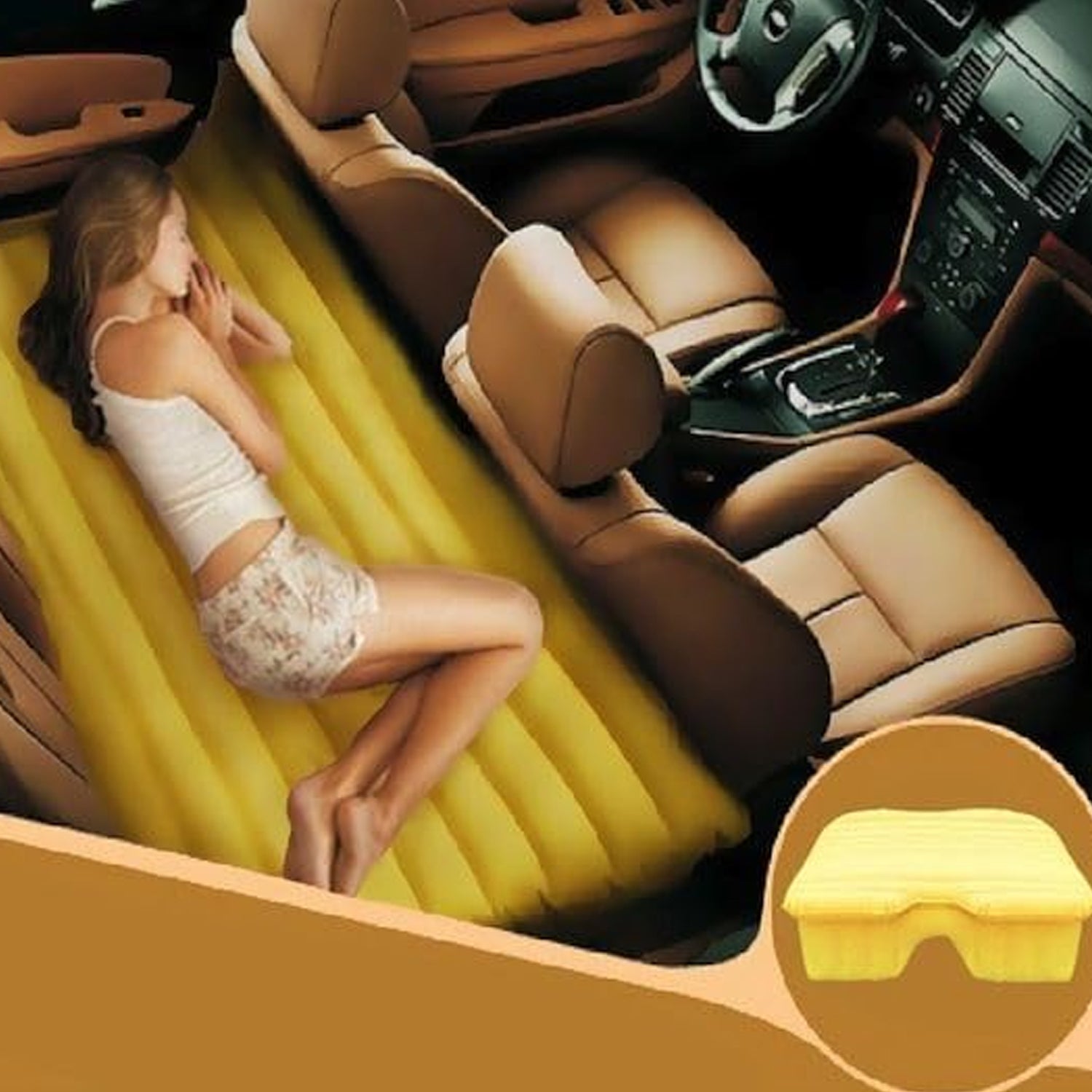 Wukusy portable car backseat inflatable air mattress bed laid out in a vehicle interior for comfortable sleeping during travel