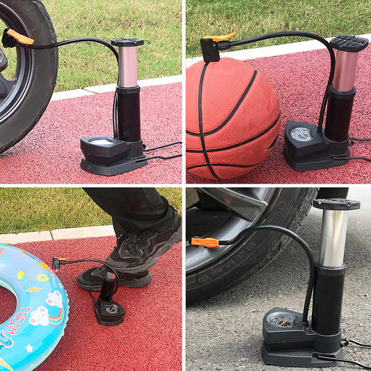 Wukusy portable mini bike pump, foot-operated cycle pump, compact automotive tool for inflating bike tires, black and silver design.