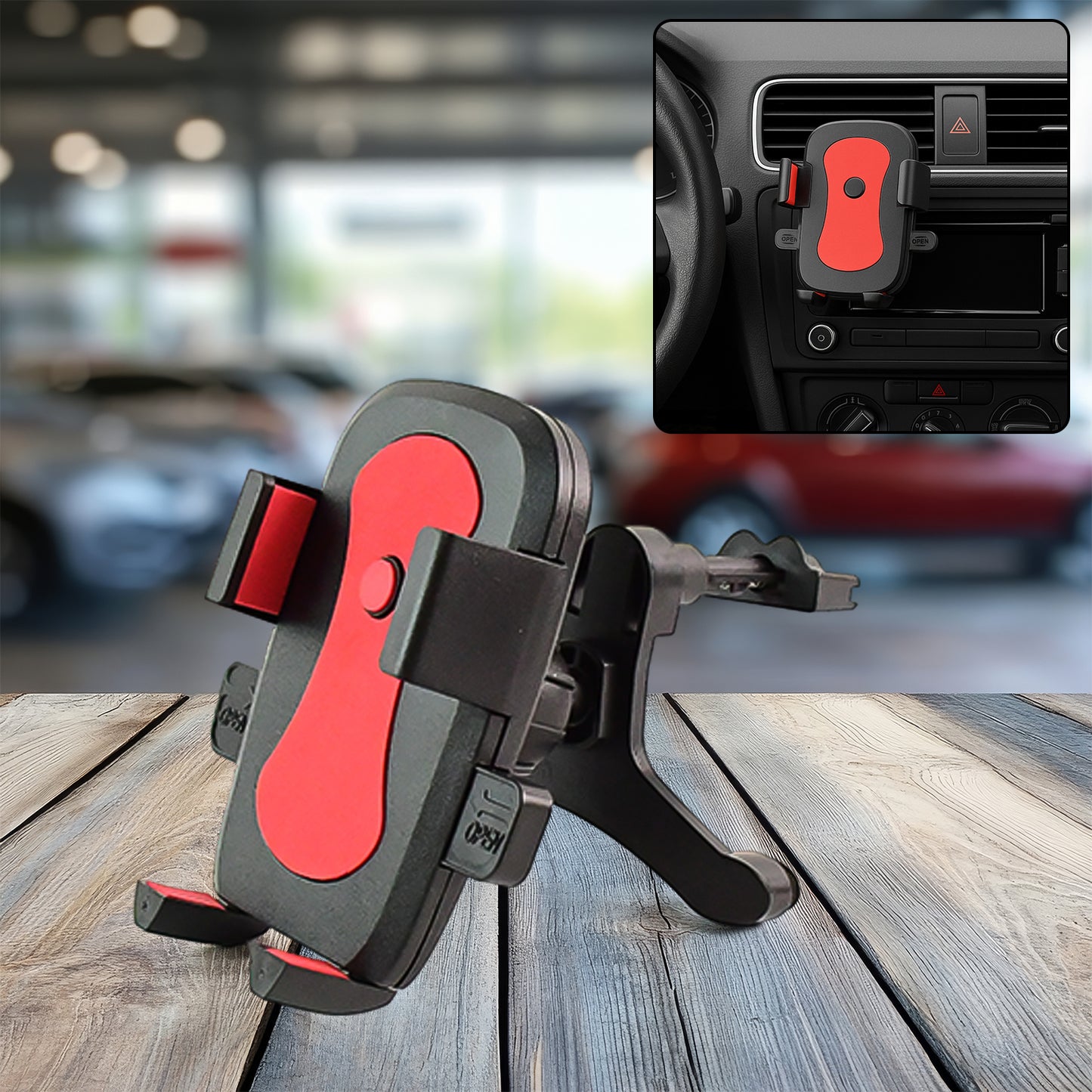 Wukusy Premium Easy One Touch Car Mobile Holder Mount attached to car dashboard with smartphone secured in place.
