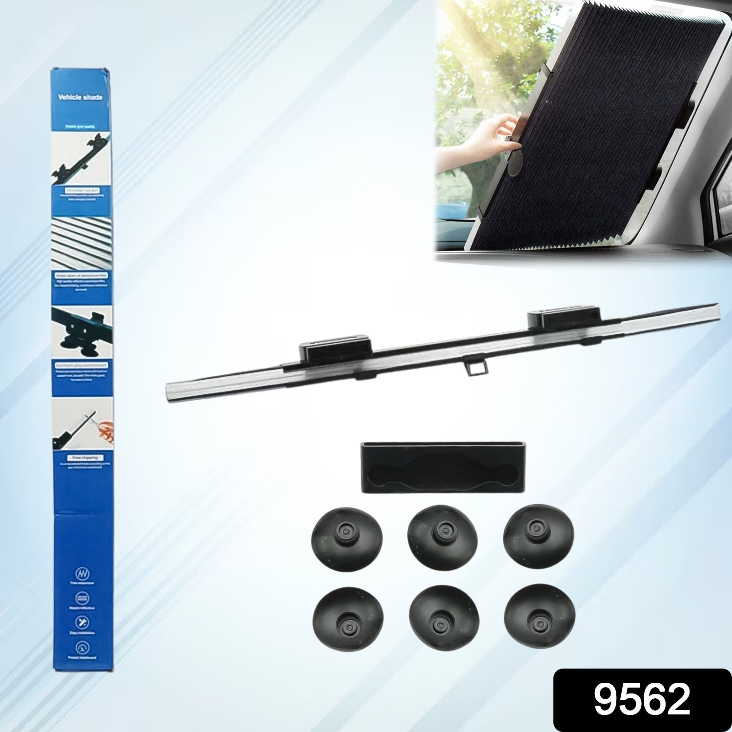 Wukusy retractable long foldable windshield sun shade for car, showing the sunshade extended inside a vehicle.