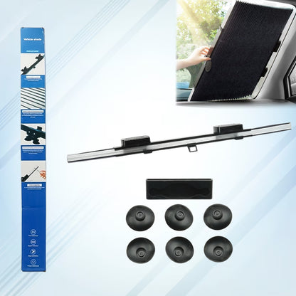 Wukusy automotive retractable long foldable windshield sun shade for car, shown extended on vehicle windshield.
