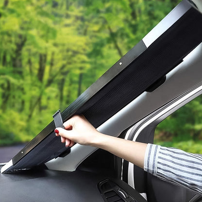Wukusy retractable long foldable car windshield sun shade set installed on vehicle windshield to block sunlight and reduce heat.