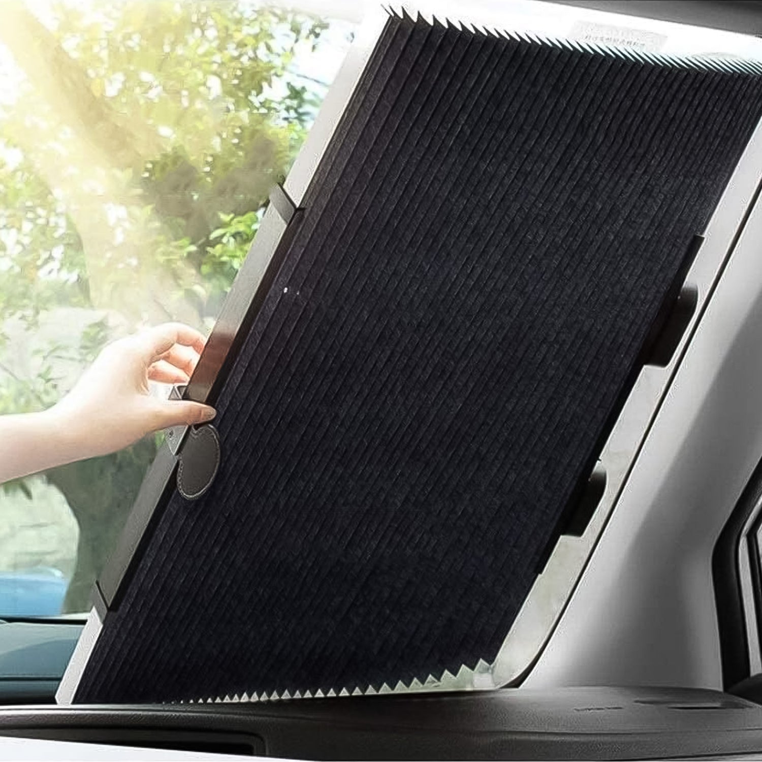 Wukusy retractable long foldable windshield sun shade for car, showing the sunshade extended inside vehicle for sun protection.