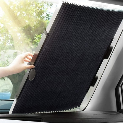 Wukusy retractable long foldable windshield sun shade for car, showing the sunshade extended inside vehicle for sun protection.
