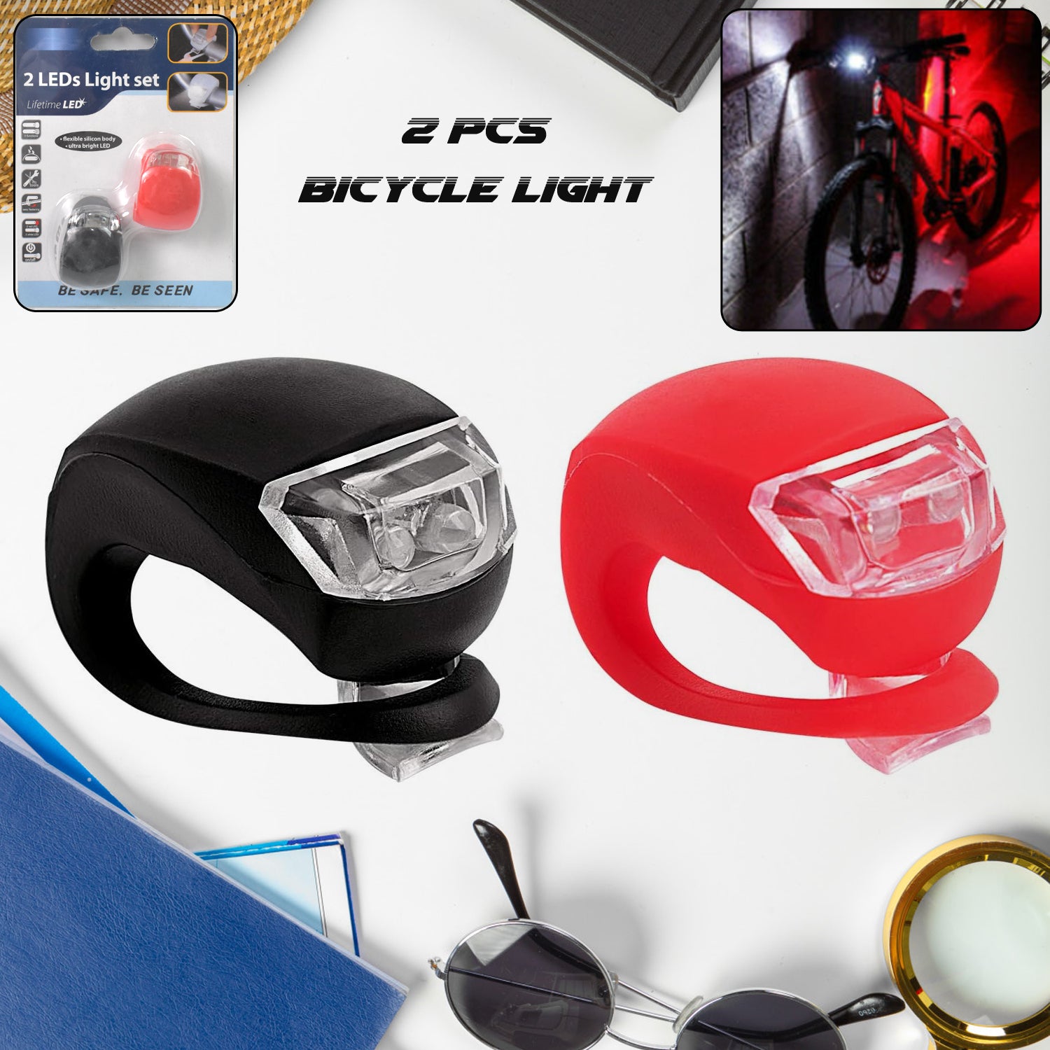 Wukusy silicone LED bike light set featuring two compact, waterproof lights for enhanced visibility during cycling.
