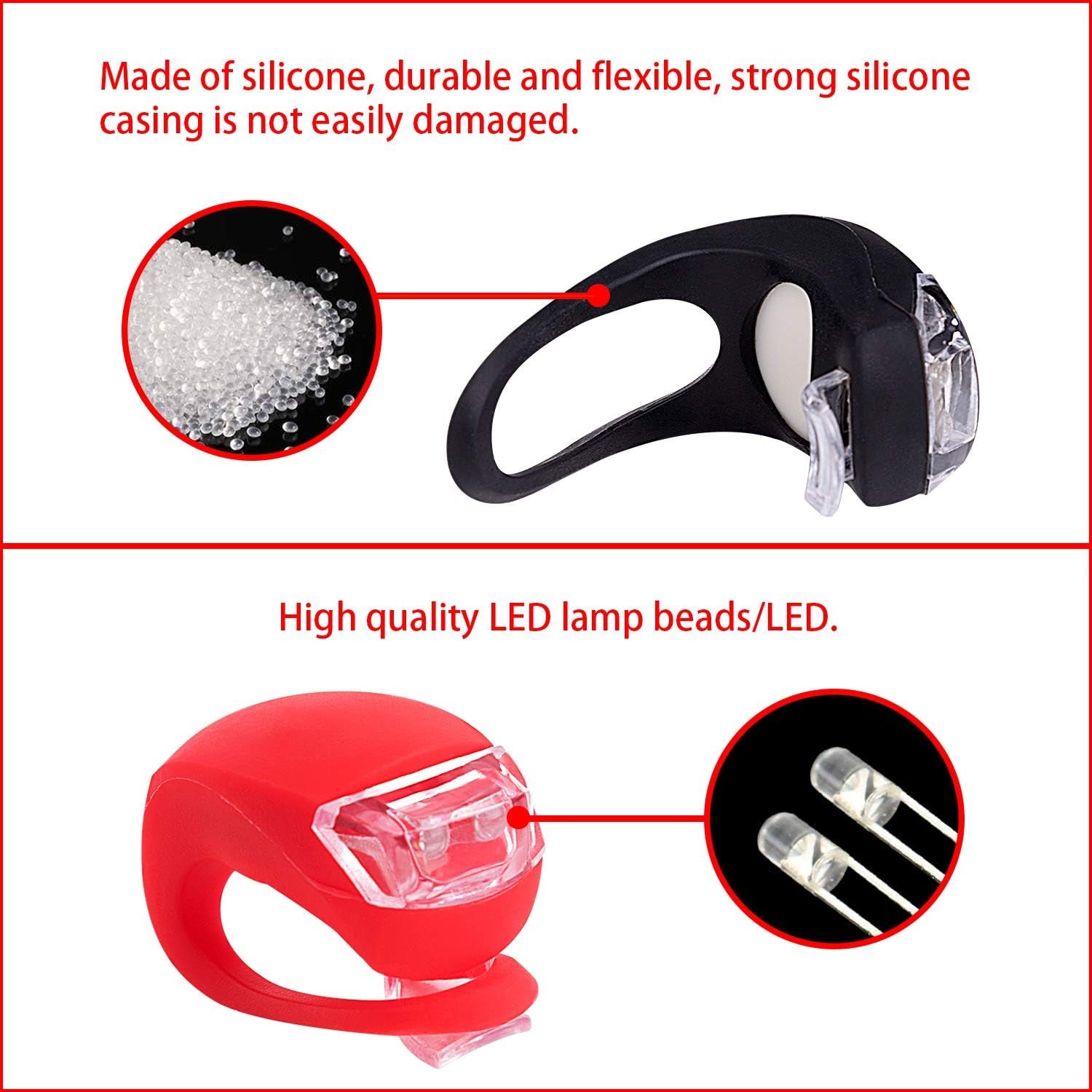 Wukusy silicone LED bike light set with two bright, waterproof lights for safety and visibility on cycling trips.