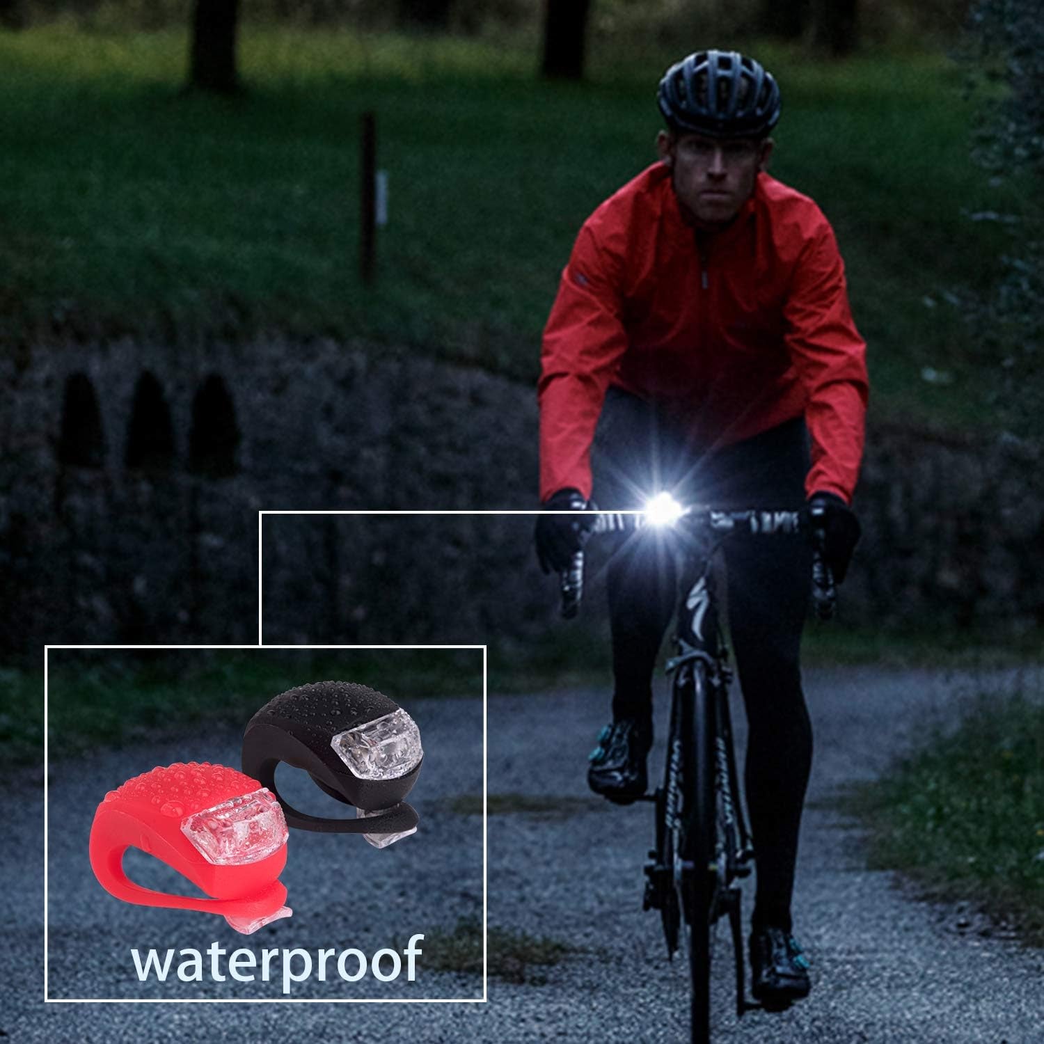 Wukusy silicone LED bike light set with two compact lights, designed for visibility and safety on bicycles.