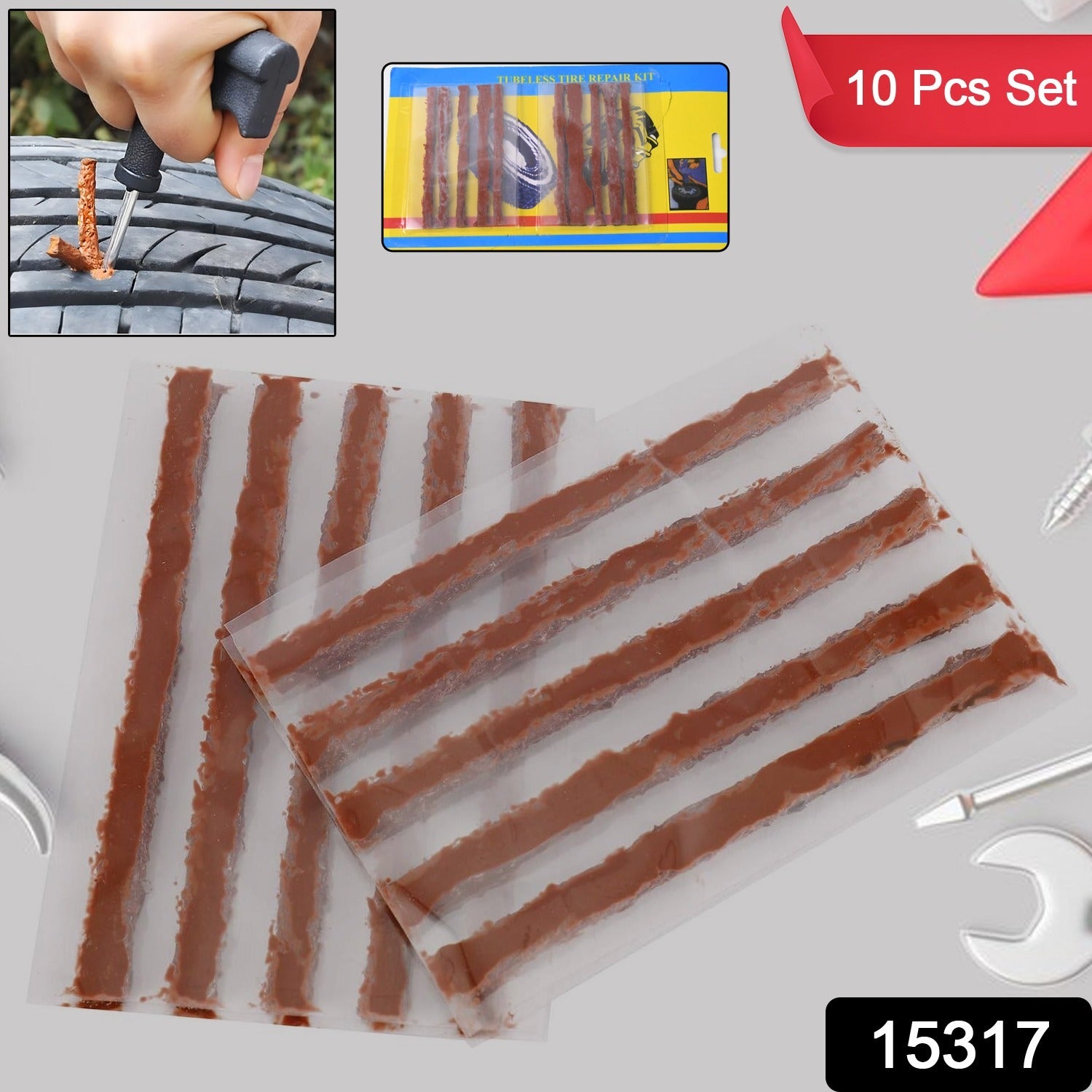 Set of 10 Wukusy automotive tire repair strings and rubber strips for cars and bikes, ideal for quick puncture repairs.