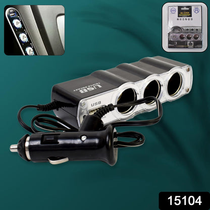 Wukusy triple 3-way car 12V lighter socket splitter with USB charger ports, suitable for automotive use and device charging.