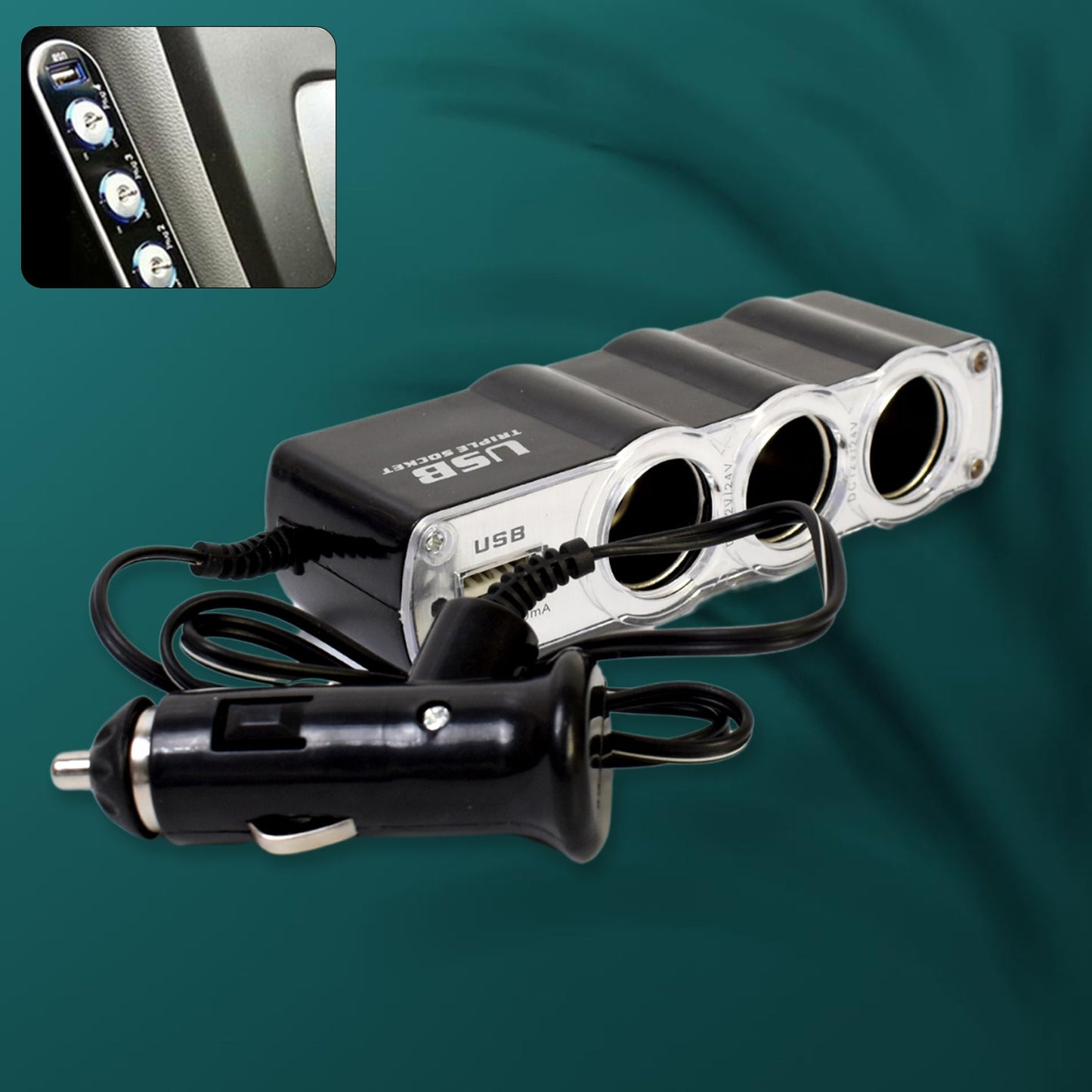 Wukusy automotive triple 3-way car 12V lighter socket splitter with USB charger ports, black plastic power adapter for vehicles.
